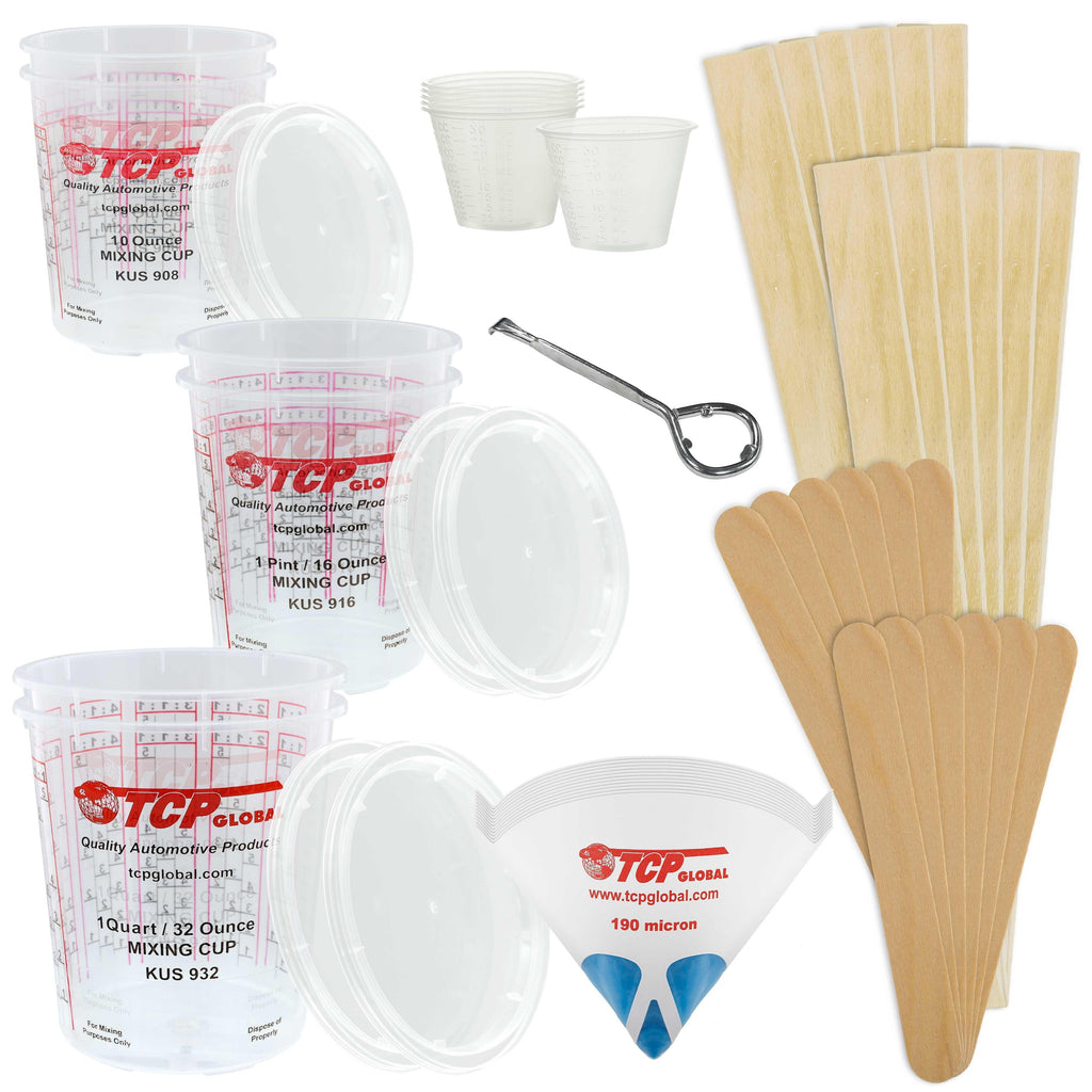 TCP GLOBAL Premium Paint Mixing Essentials Kit. Comes with 12 Mixing Cups, 6 Lids, 12 Wooden 12" Mixing Sticks, 12 Wooden Mini Mixing Paddles, 12 HQ 190 Mesh Paint Strainers & Paint Can Opener