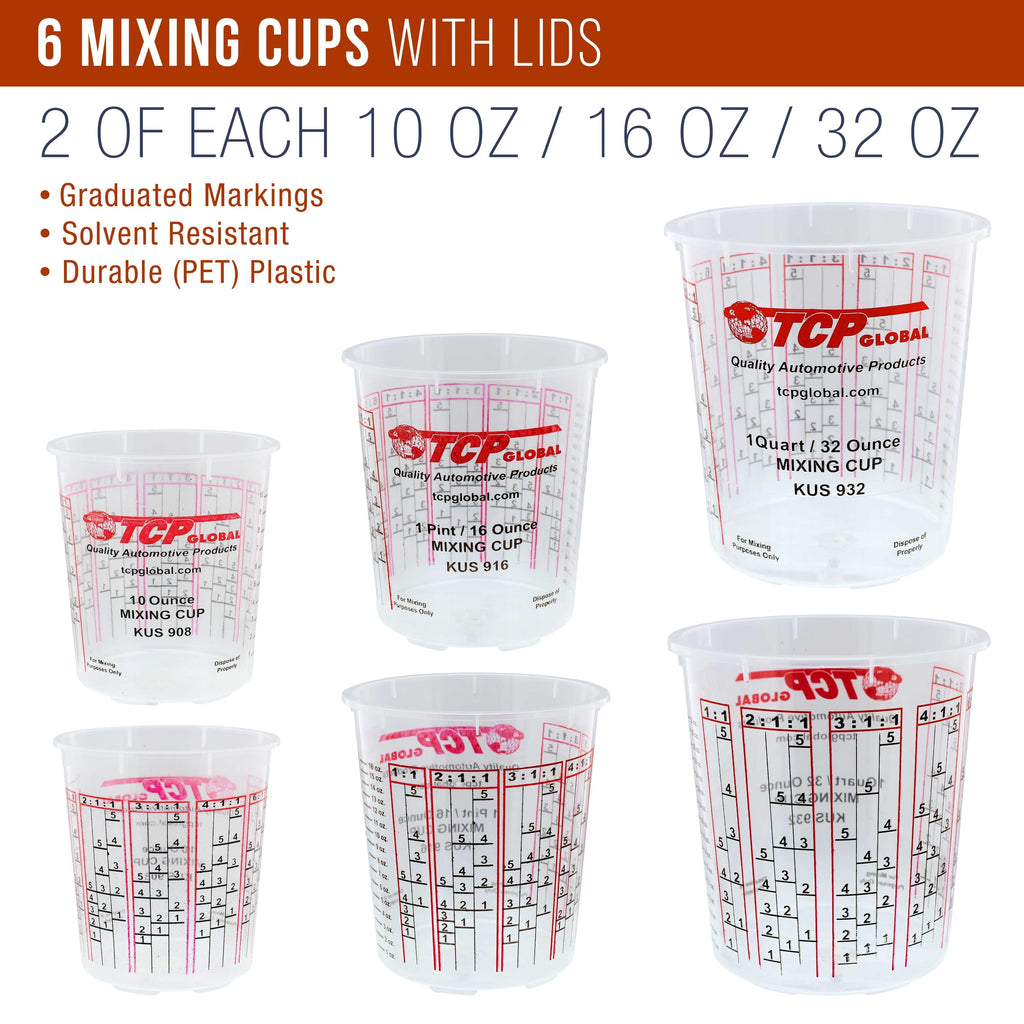 TCP GLOBAL Premium Paint Mixing Essentials Kit. Comes with 12 Mixing Cups, 6 Lids, 12 Wooden 12" Mixing Sticks, 12 Wooden Mini Mixing Paddles, 12 HQ 190 Mesh Paint Strainers & Paint Can Opener