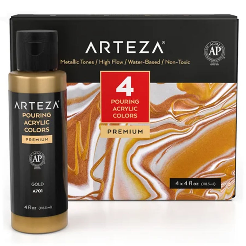 Acrylic Pouring Paint Kit, 120 Ml Bottle Set, Metallic Colors - 4 Pack