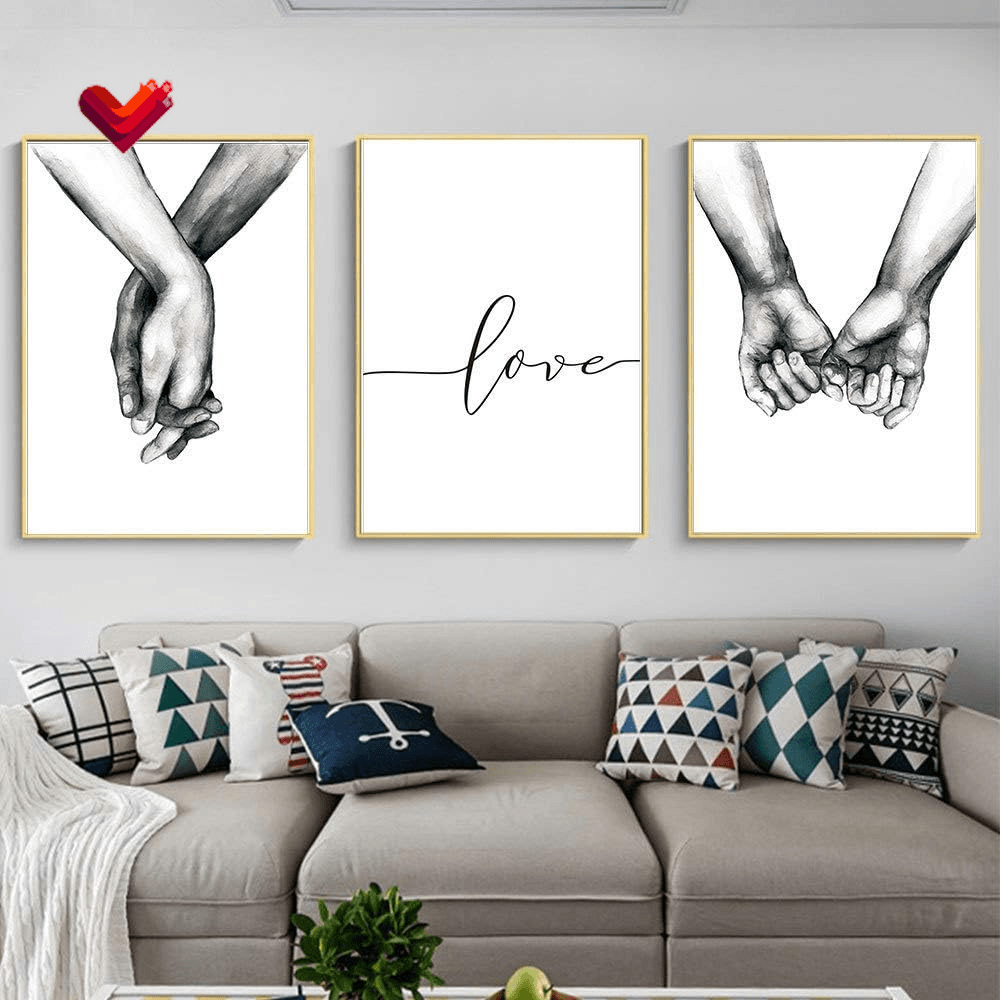 16"X20" Love and Hand in Hand Wall Art Canvas Print Poster,Simple Fashion Black and White Couples Love Hands Sketch Art Line Drawing Decor for Home Living Room Bedroom Office(Set of 3 Unframed)