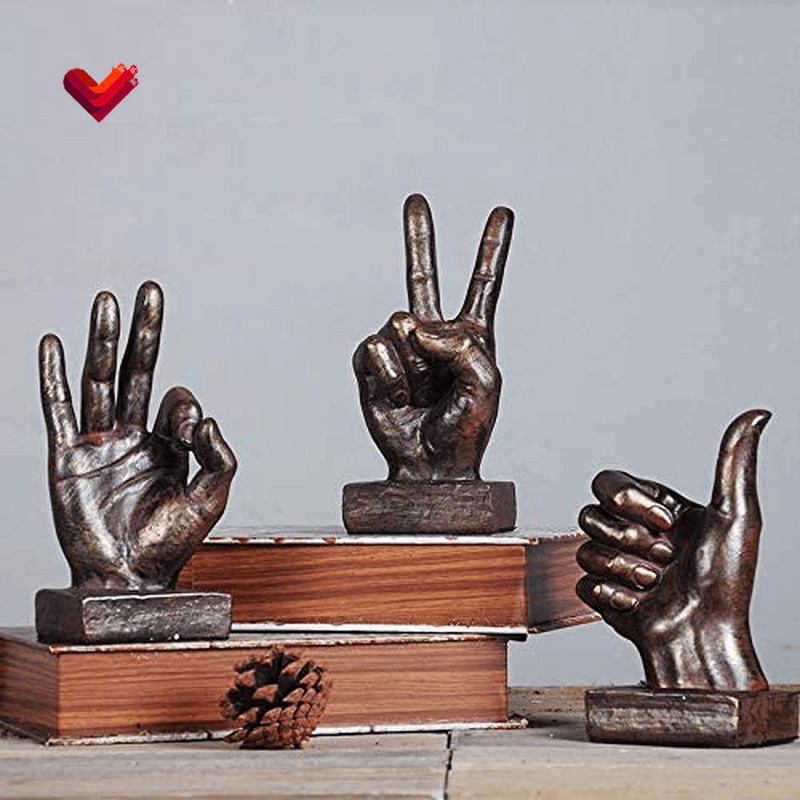 Hand Finger Gesture Desk Statues Fingers Sculpture Creative Home Living Room Cabinet Shelf Decoration (OK Gesture in Gold)