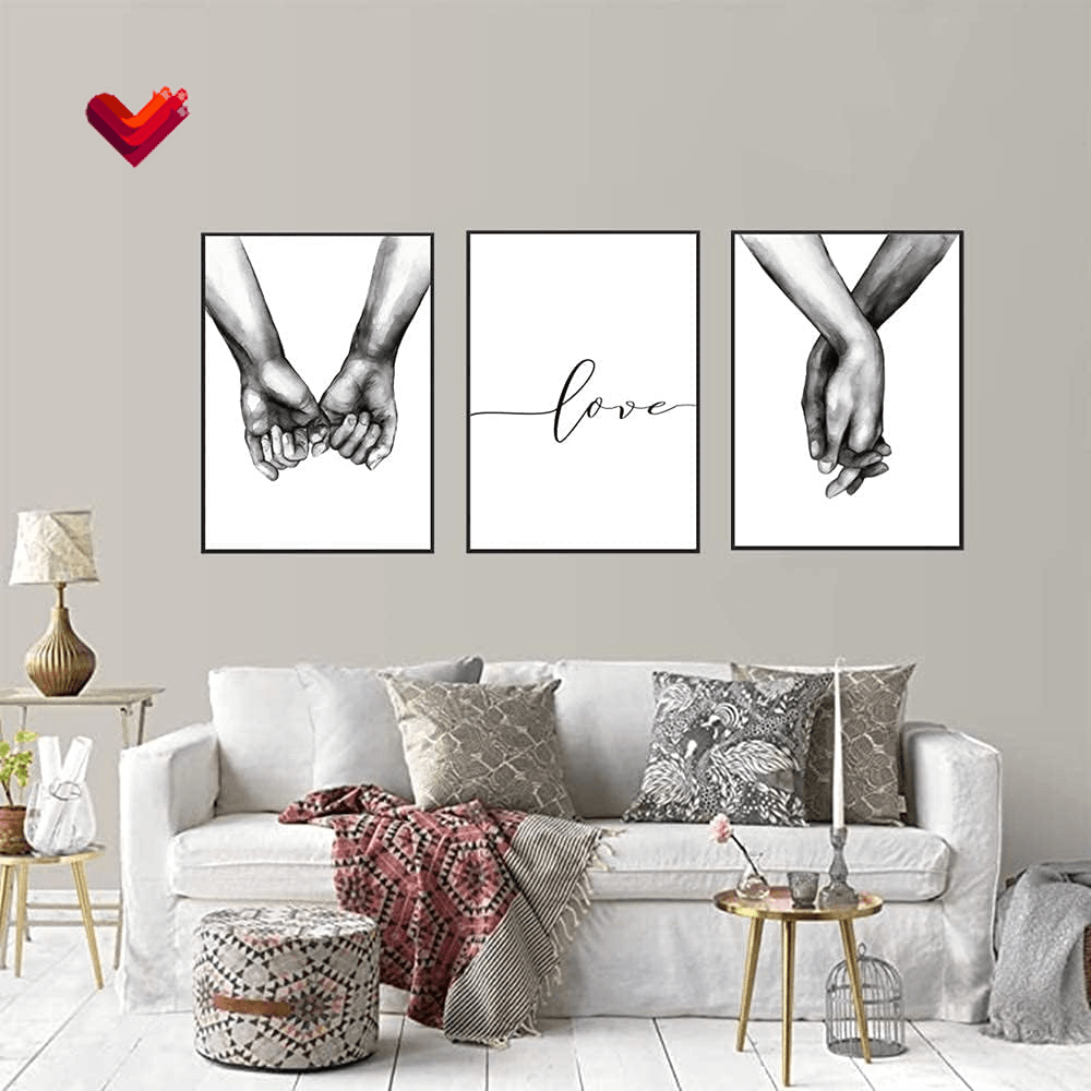 16"X20" Love and Hand in Hand Wall Art Canvas Print Poster,Simple Fashion Black and White Couples Love Hands Sketch Art Line Drawing Decor for Home Living Room Bedroom Office(Set of 3 Unframed)