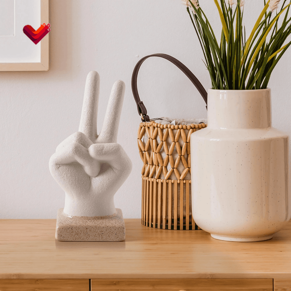 Peace Hand Sign White Ceramic Bohemian Figurine Decor - 6.5" X 2.5" X 2.75"