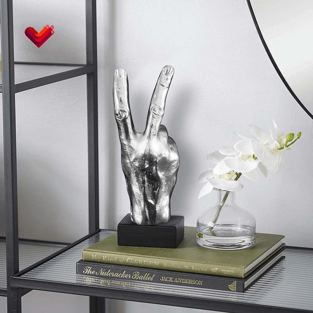 Silver Polyresin Hand Gesture Peace Sign Decor Boho Shelf Decor Accents Knick Knacks Middle Finger Practical Joke Halloween Prank Gifts (Winner)