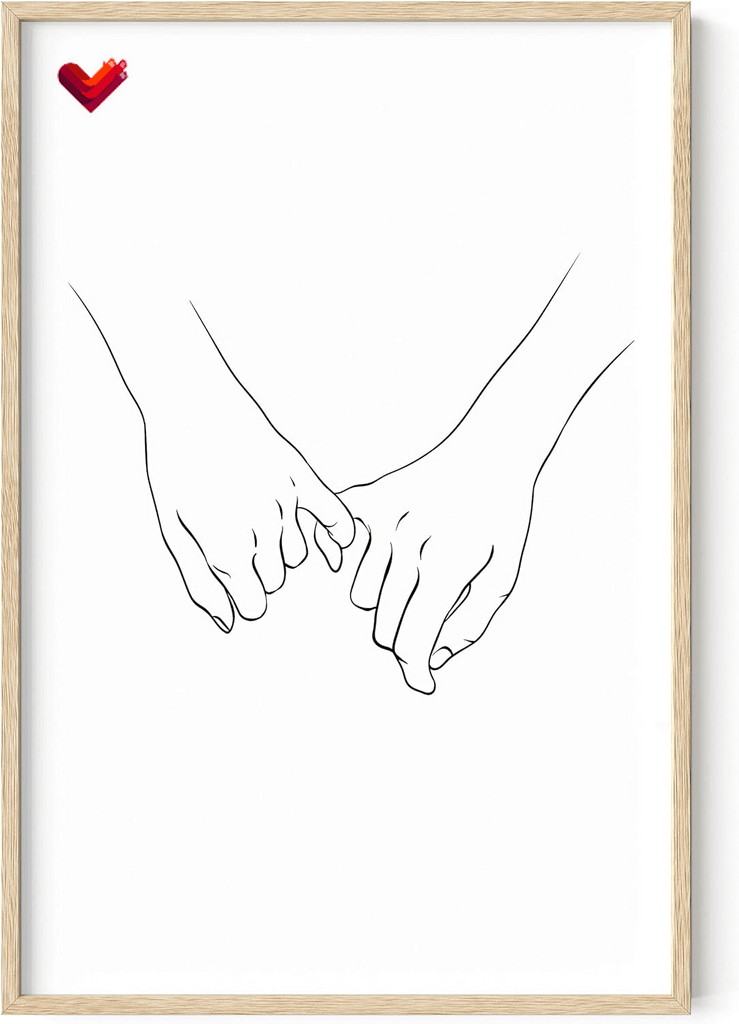 Pinky Promise Wall Art Line Drawings - Holding Hands Minimalistic Wall Art, Pinky Promise Picture, Couple Poster, Romantic Wall Decor, Hand Holding Pinkies Line Art (Beige Frame, 24X36)