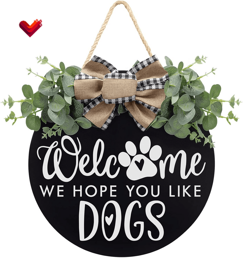 Welcome We Hope You like Dogs Farmhouse Door Sign for Front Door Porch Decor with Eucalyptus Leaves & Buffalo Bow - Welcome Wreath Sign Hanging for Dogs Lovers Spring Summer Decor Housewarming Gift