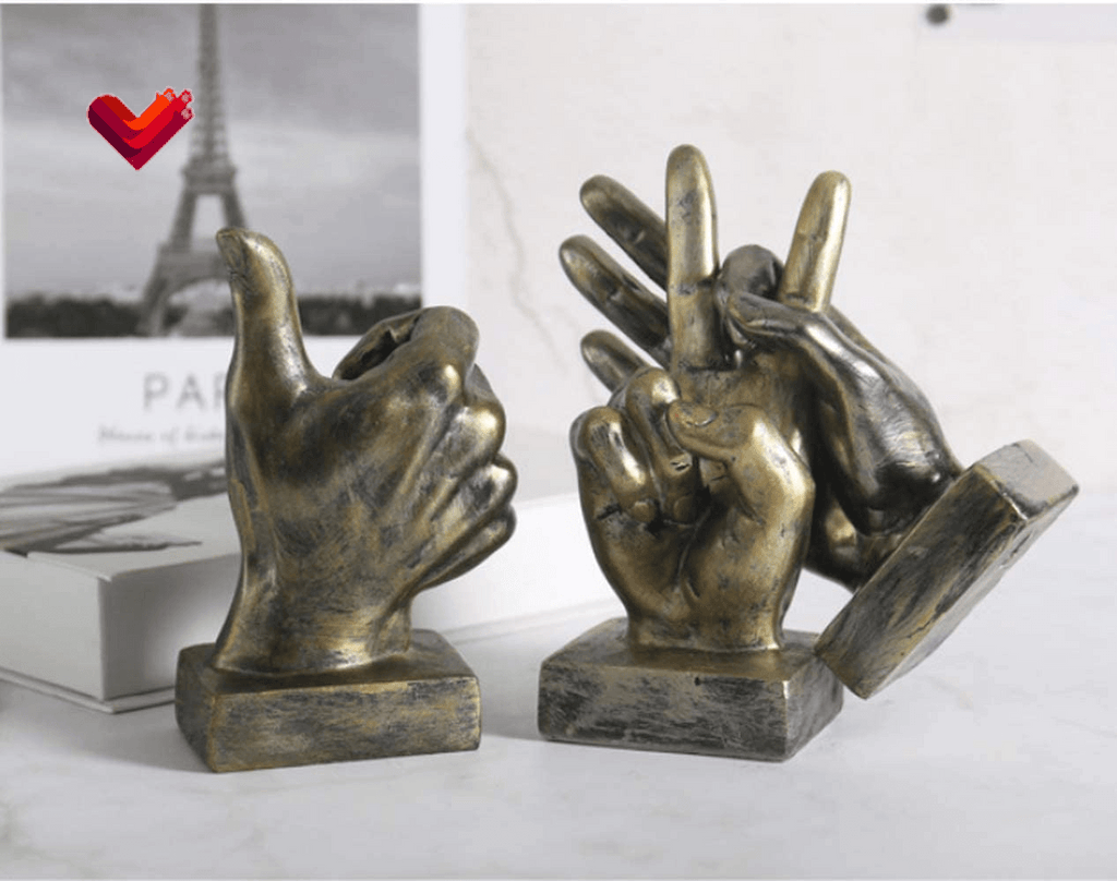 Hand Finger Gesture Desk Statues Fingers Sculpture Creative Home Living Room Cabinet Shelf Decoration (Victory Gesture in Silver)