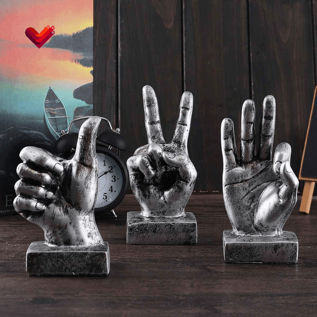 Hand Finger Gesture Desk Statues Fingers Sculpture Creative Home Living Room Cabinet Shelf Decoration (Victory Gesture in Silver)