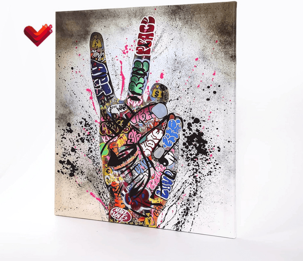 Canvas Wall Art Graffiti Victory Gesture Artwork Painting for Bedroom Living Room Decor Modern Stretched Print Posters Abstract Home Decoration Ready to Hang, Framed 20X20 Inches X 1 Panel