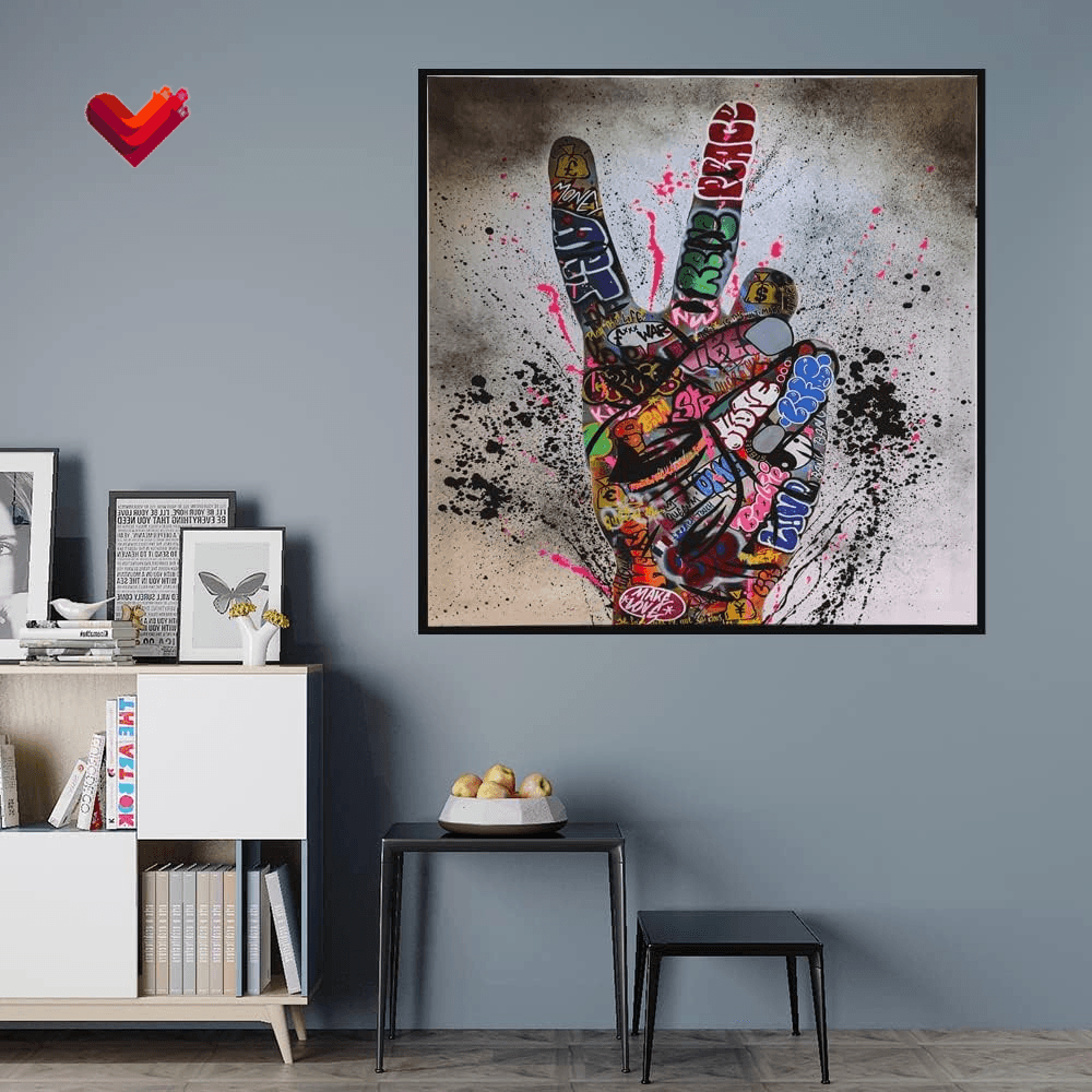 Canvas Wall Art Graffiti Victory Gesture Artwork Painting for Bedroom Living Room Decor Modern Stretched Print Posters Abstract Home Decoration Ready to Hang, Framed 20X20 Inches X 1 Panel