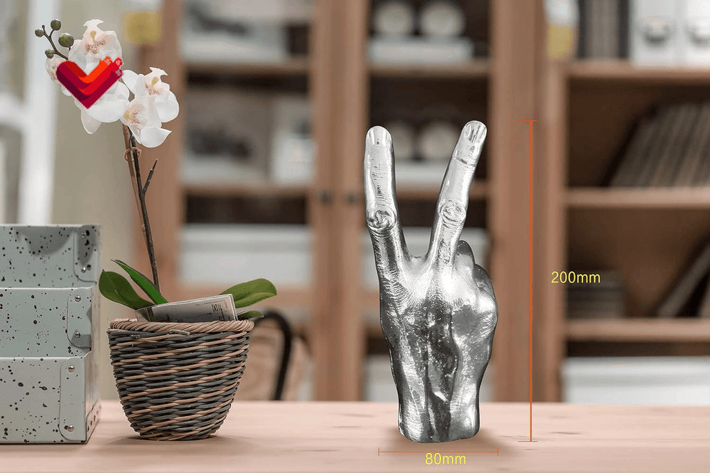 Silver Polyresin Hand Gesture Peace Sign Decor Boho Shelf Decor Accents Knick Knacks Middle Finger Practical Joke Halloween Prank Gifts (Winner)