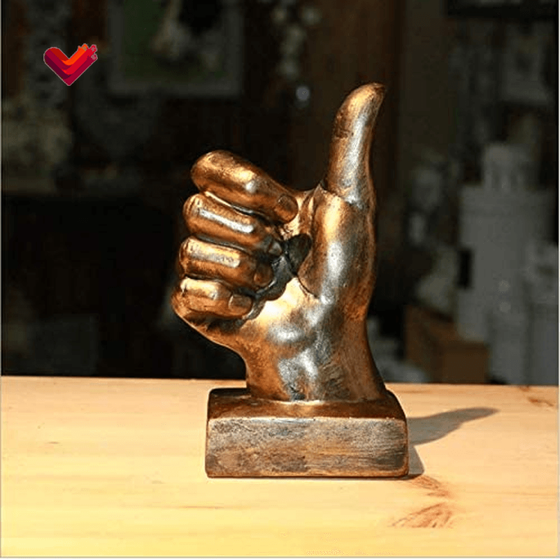 Hand Finger Gesture Desk Statues Fingers Sculpture Creative Home Living Room Cabinet Shelf Decoration (Thumbs-Up in Gold)