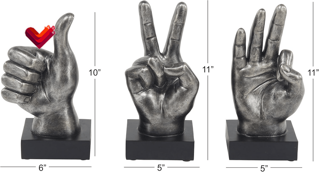 The Novogratz Polystone Hands Decorative Sculpture Home Decor Statues, Set of 3 Accent Figurines 5"W, 11"H, Dark Gray