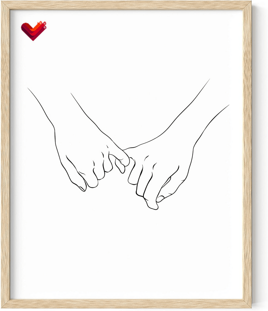 Pinky Promise Wall Art Line Drawings - Minimalistic Couple Poster, Romantic Decor, Hand Holding Pinkies (Beige Frame, 16X20)