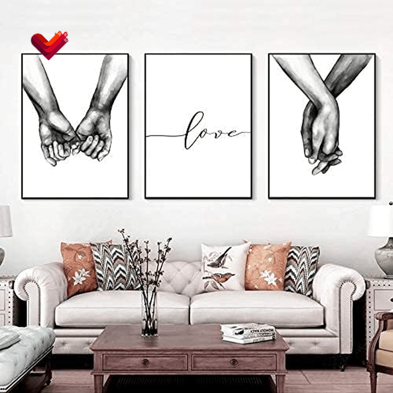 12"X16" Love and Hand in Hand Wall Art Canvas Print Poster, Black and White Sketch Art Line Drawing Decor Simplism Drawing Wall Art for Bedroom Living Room and Home Decor (Unframed)