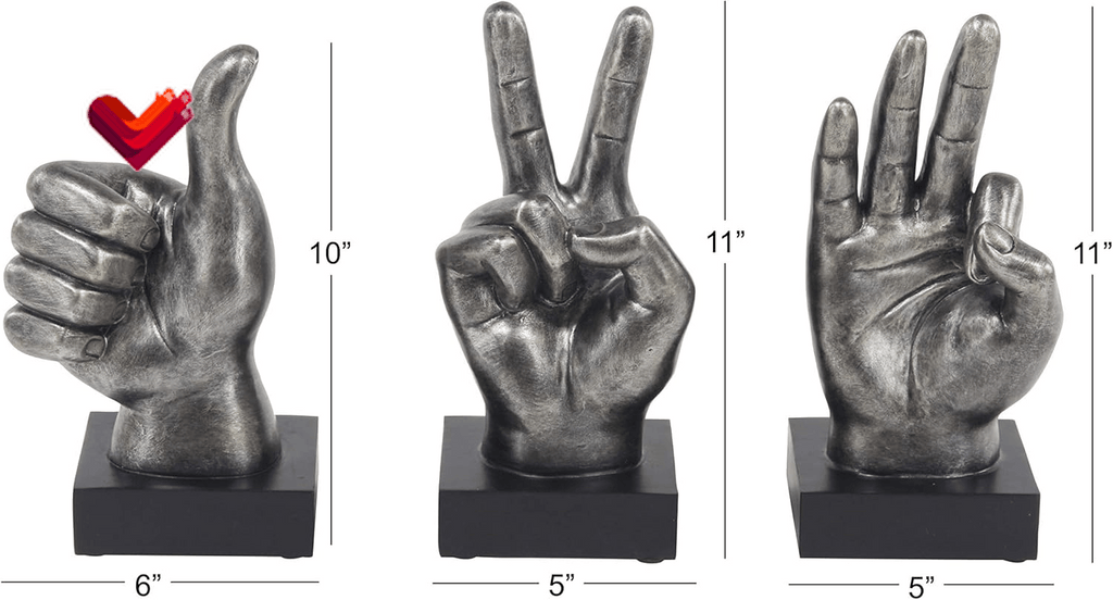 The Novogratz Polystone Hands Decorative Sculpture Home Decor Statues, Set of 3 Accent Figurines 5"W, 11"H, Dark Gray