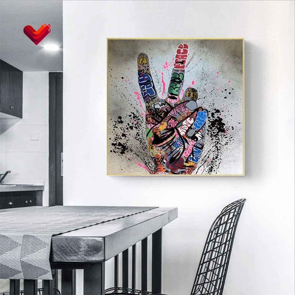 Canvas Wall Art Graffiti Victory Gesture Artwork Painting for Bedroom Living Room Decor Modern Stretched Print Posters Abstract Home Decoration Ready to Hang, Framed 20X20 Inches X 1 Panel