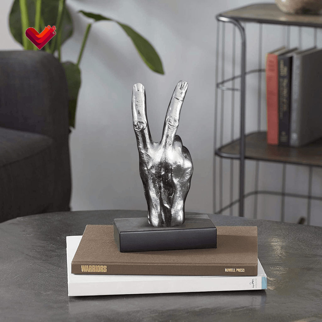 Silver Polyresin Hand Gesture Peace Sign Decor Boho Shelf Decor Accents Knick Knacks Middle Finger Practical Joke Halloween Prank Gifts (Winner)