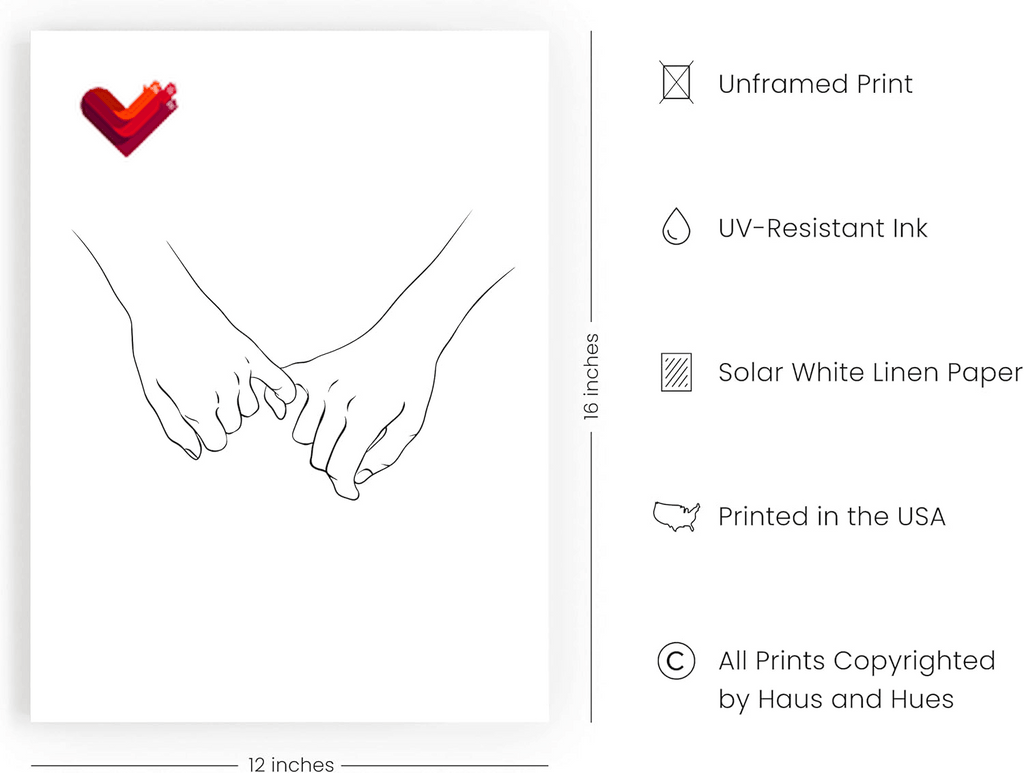 Pinky Promise Wall Art Line Drawings - Minimalistic Couple Poster, Romantic Decor, Hand Holding Pinkies (Unframed, 16X20)