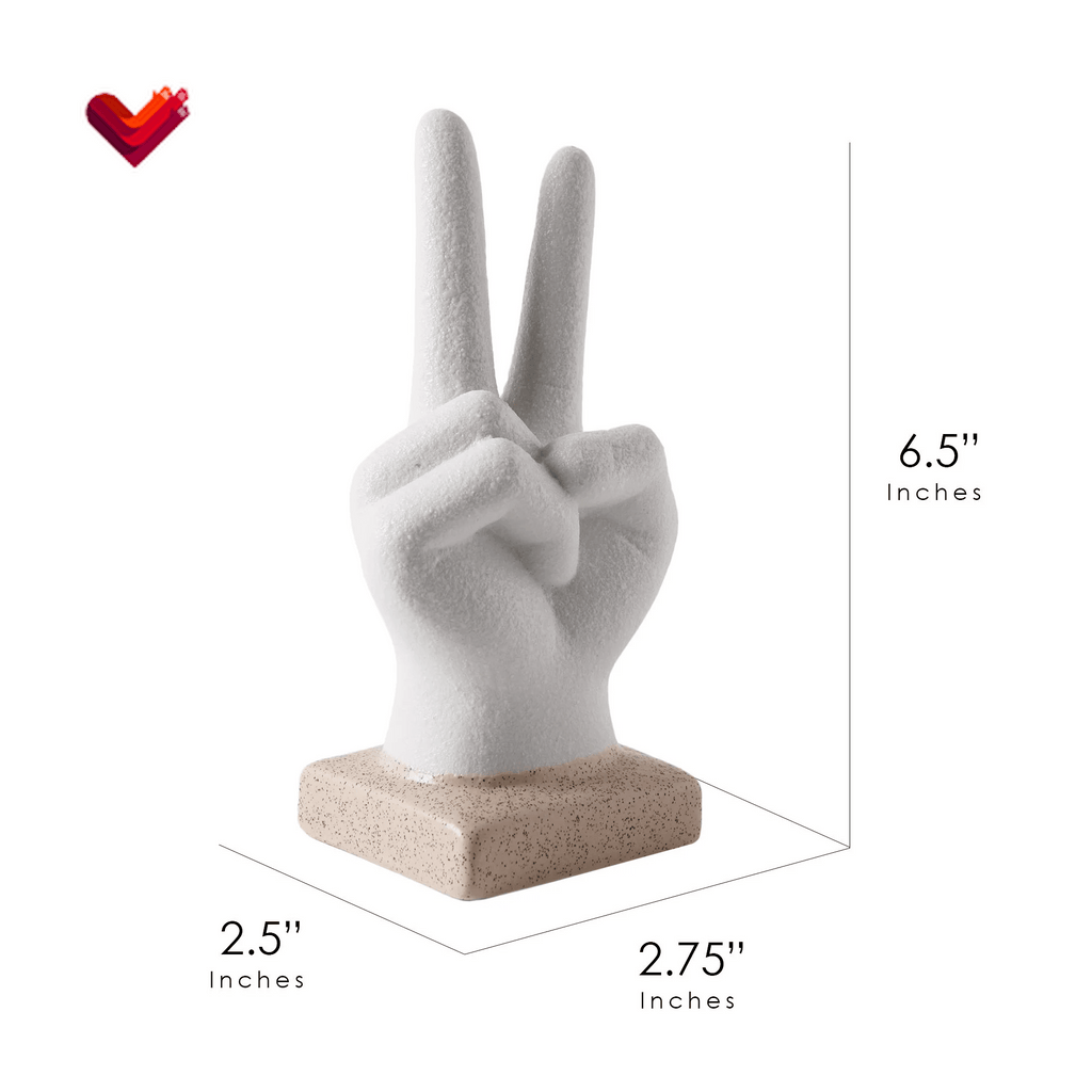 Peace Hand Sign White Ceramic Bohemian Figurine Decor - 6.5" X 2.5" X 2.75"