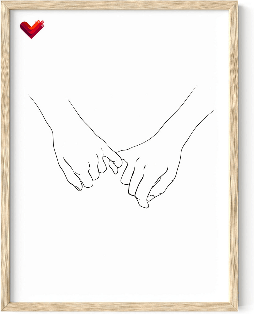 Pinky Promise Wall Art Line Drawings - Holding Hands Minimalistic Wall Art, Pinky Promise Picture, Couple Poster, Romantic Decor Line Drawing Wall Art Hand Art (Beige Frame, 12X16)