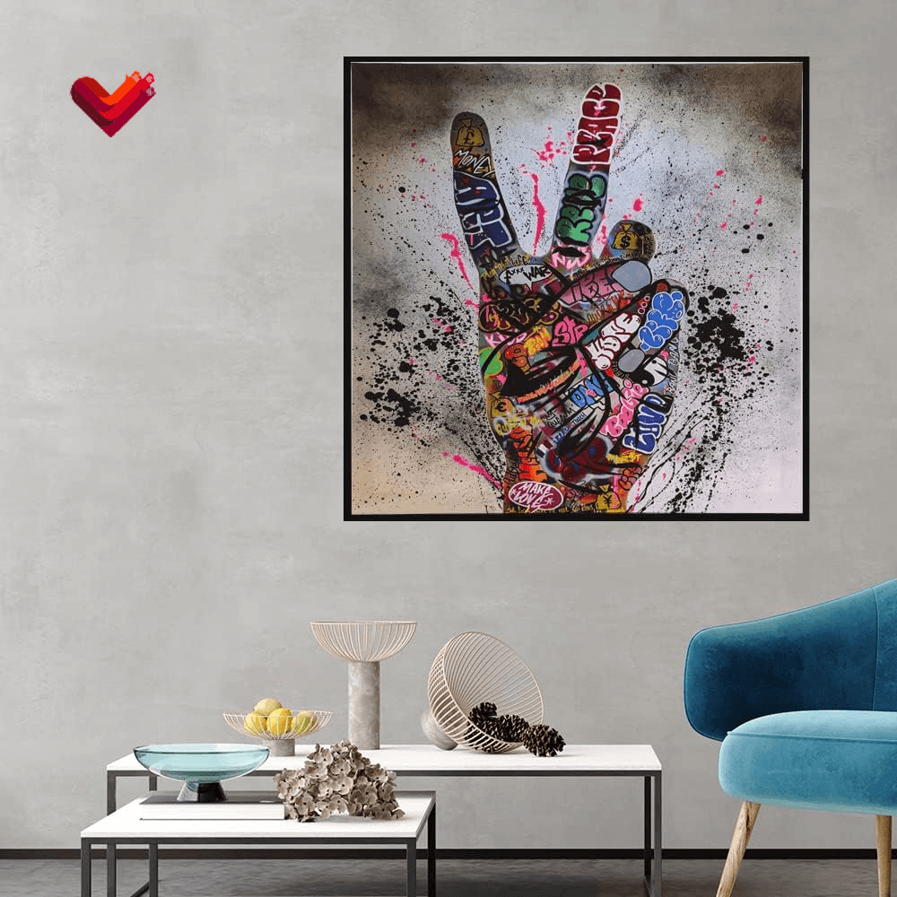 Canvas Wall Art Graffiti Victory Gesture Artwork Painting for Bedroom Living Room Decor Modern Stretched Print Posters Abstract Home Decoration Ready to Hang, Framed 20X20 Inches X 1 Panel