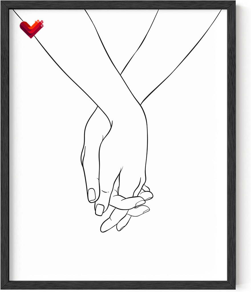 Hands Wall Art - Love Art Print, Minimalist Line Art, Black and White Love Wall Art, Minimalist Wall Art, Love Pictures Wall Decor, Holding Hands Line Art (Black Frame, 16X20)